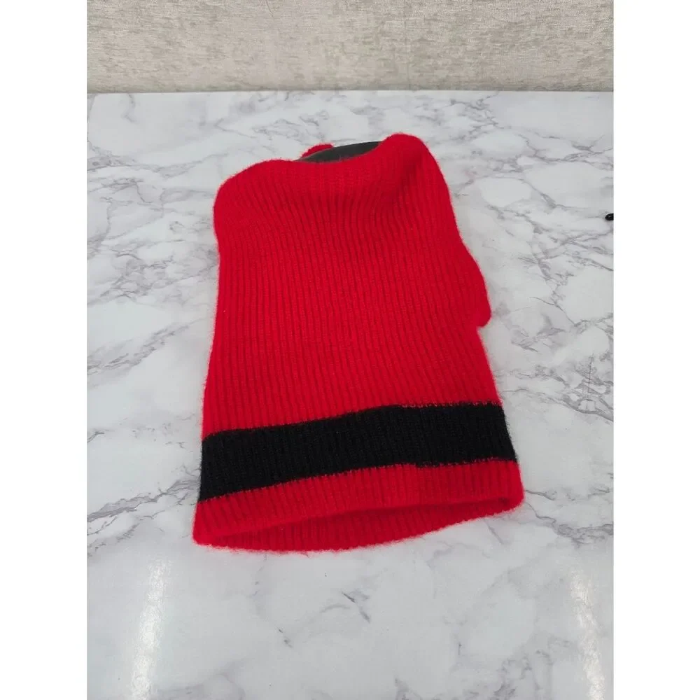 Vintage Red Knit Pom Pom Hat with Black Stripe 60s 70s Infant or Toddler